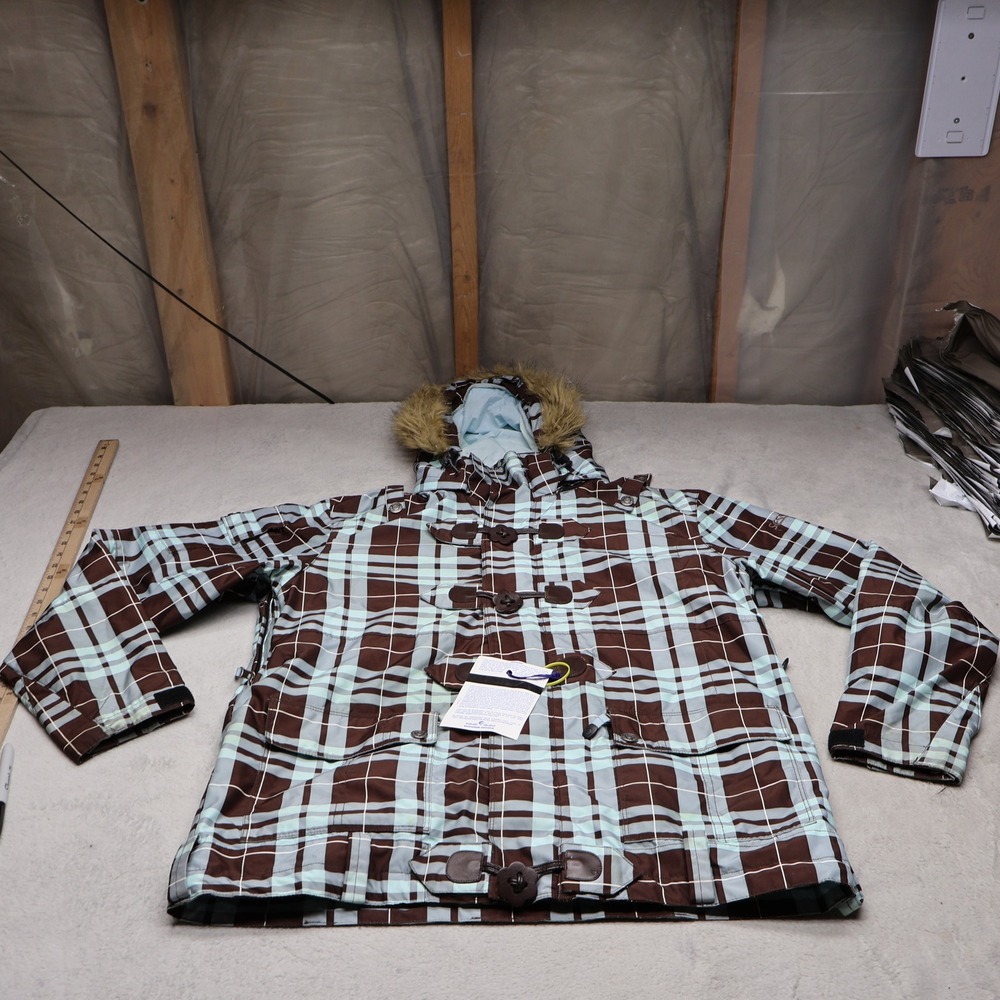 Sessions Terrain Series Jacket Women Large Blu Plaid FurTrim Waterproof Snow NWD